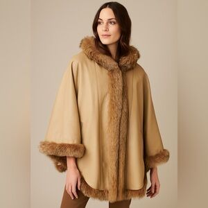 Vintage Leather Cape Fur Trim Beige S-XL Oversized Luxury Coat